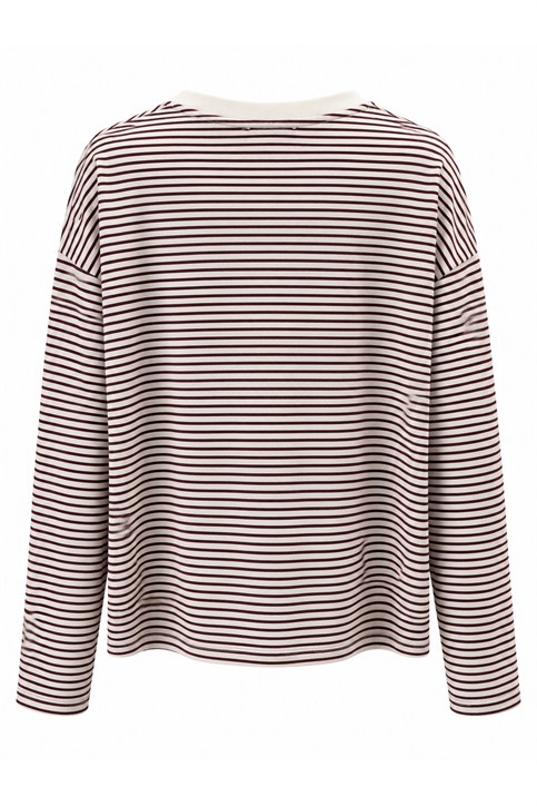 Bordo Önü Nakışlı Çizgili Uzun kollu T Shirt