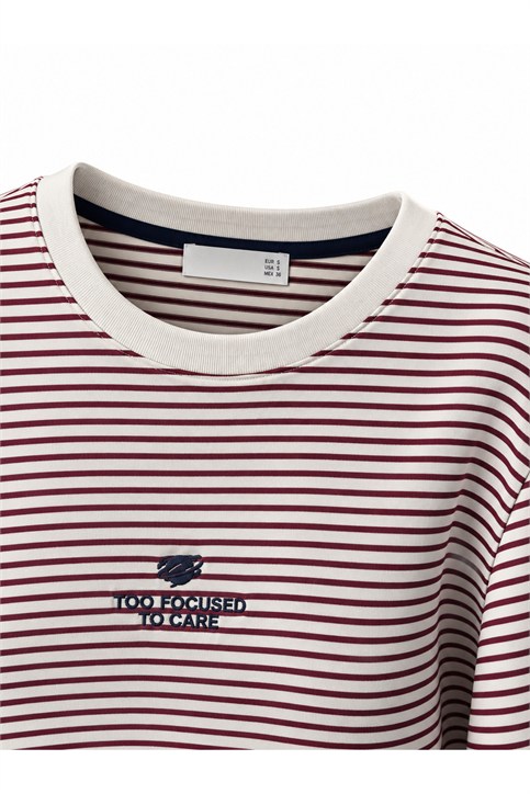 Bordo Önü Nakışlı Çizgili Uzun kollu T Shirt