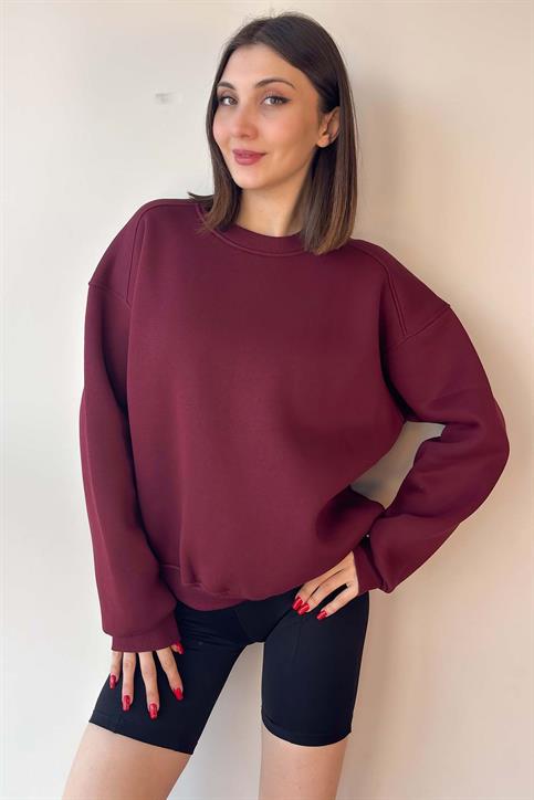 Bordo Oversize Bisiklet Yaka İçi Şardonlu Üç İplik Sweatshirt