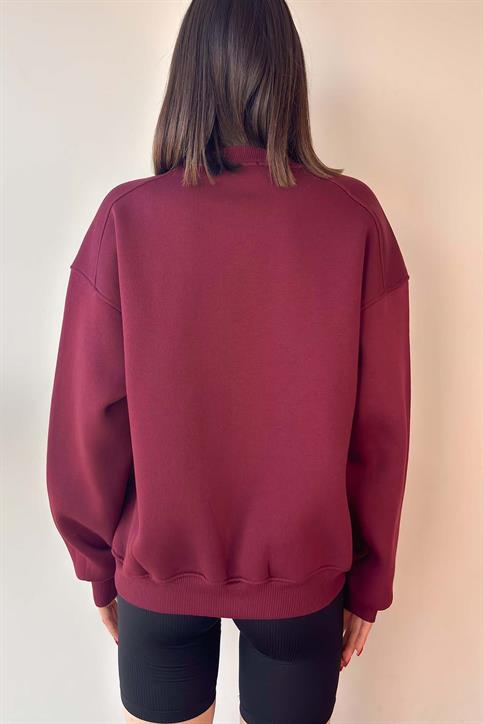 Bordo Oversize Bisiklet Yaka İçi Şardonlu Üç İplik Sweatshirt