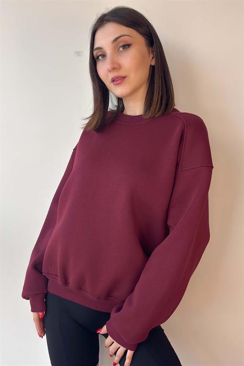 Bordo Oversize Bisiklet Yaka İçi Şardonlu Üç İplik Sweatshirt