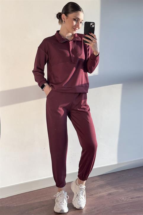 Bordo OYSH Modal Kumaş Yarım Fermuarlı Takım