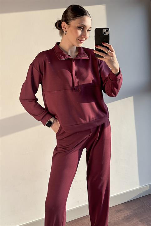 Bordo OYSH Modal Kumaş Yarım Fermuarlı Takım