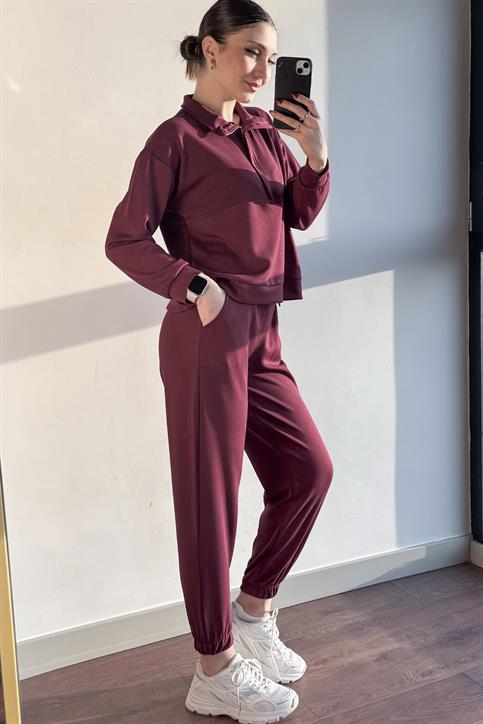 Bordo OYSH Modal Kumaş Yarım Fermuarlı Takım