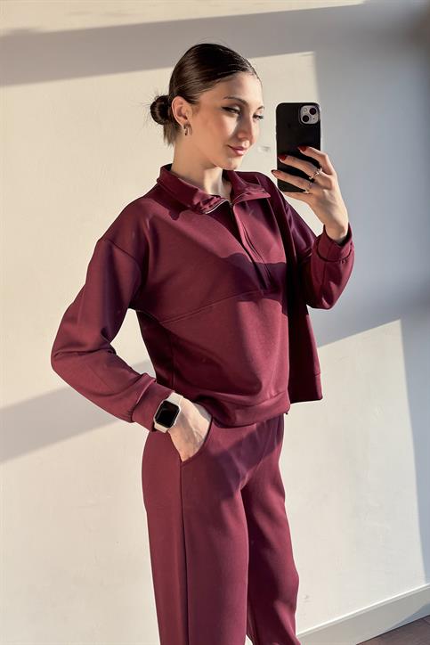 Bordo OYSH Modal Kumaş Yarım Fermuarlı Takım