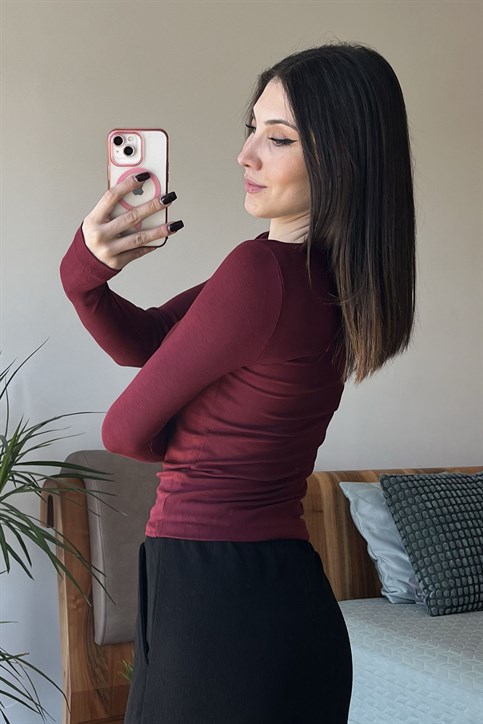 Bordo OYSH Soft Touch Kumaş Parmak Geçmeli Body