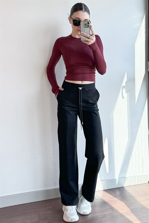Bordo OYSH Soft Touch Kumaş Parmak Geçmeli Body