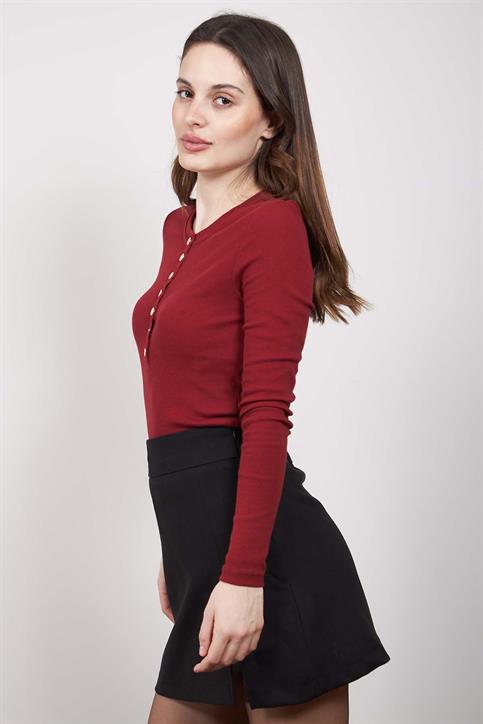 Bordo Patlı Düğmeli Uzunkollu Bluz