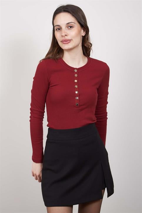 Bordo Patlı Düğmeli Uzunkollu Bluz
