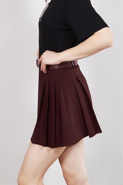 Bordo Pile Detaylı Etek
