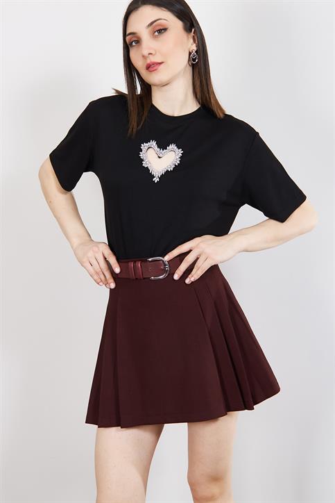 Bordo Pile Detaylı Etek