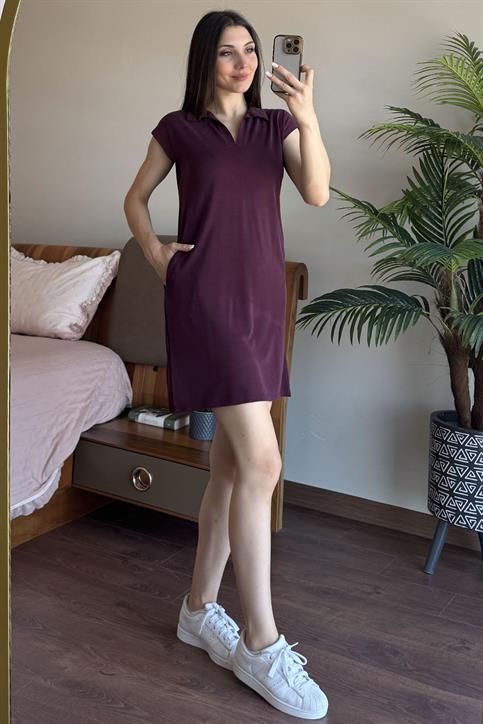Bordo Polo Yaka Pike Modal Elbise