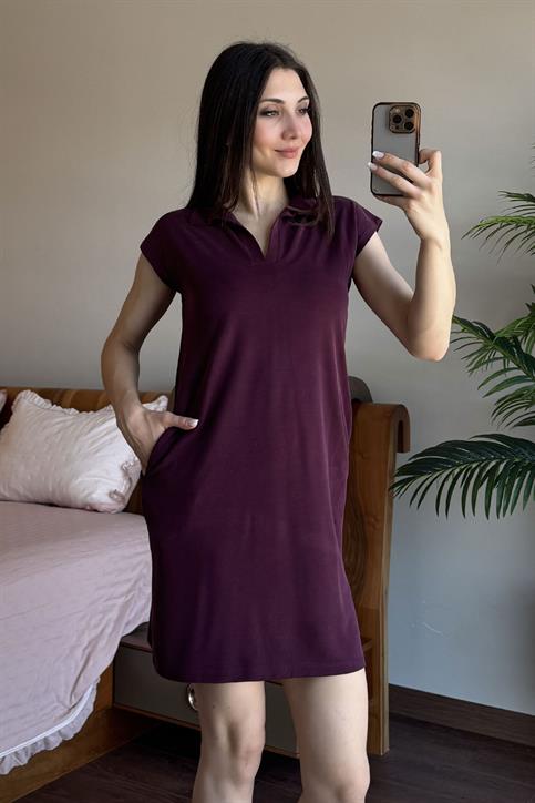 Bordo Polo Yaka Pike Modal Elbise