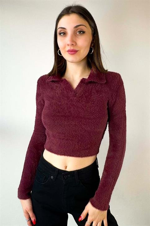 Bordo Polo Yaka Yumoş Crop Kazak