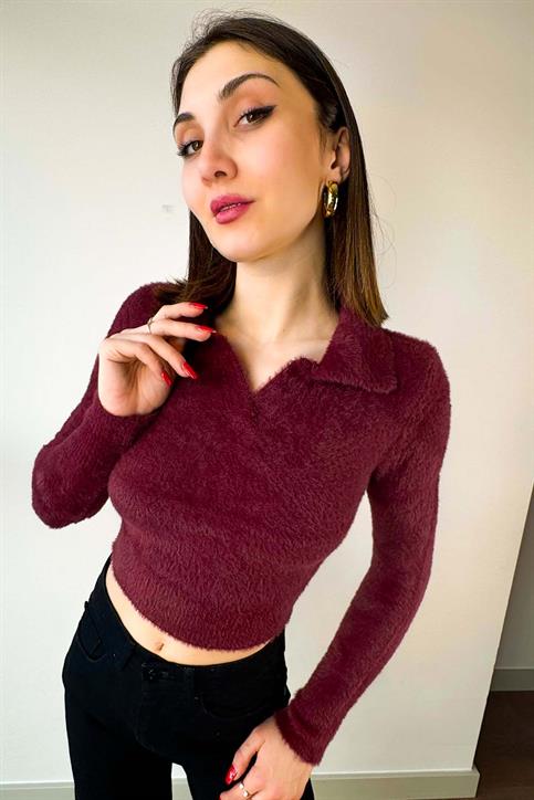 Bordo Polo Yaka Yumoş Crop Kazak