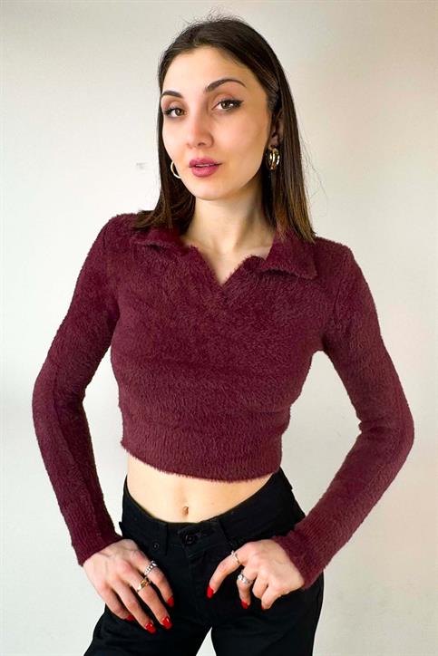 Bordo Polo Yaka Yumoş Crop Kazak