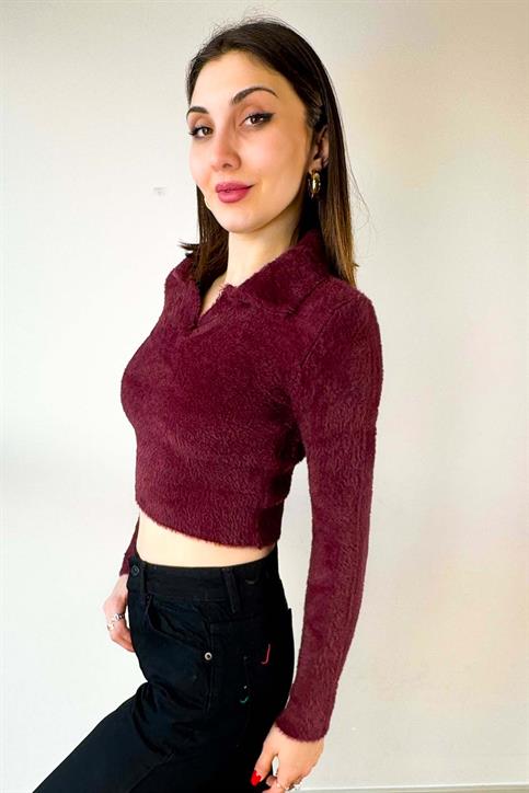 Bordo Polo Yaka Yumoş Crop Kazak