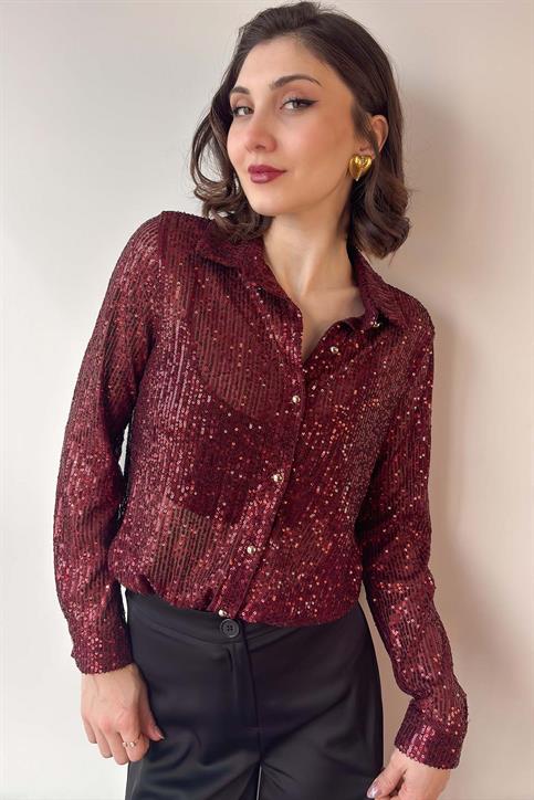 Bordo Pul Payet Detaylı Gömlek
