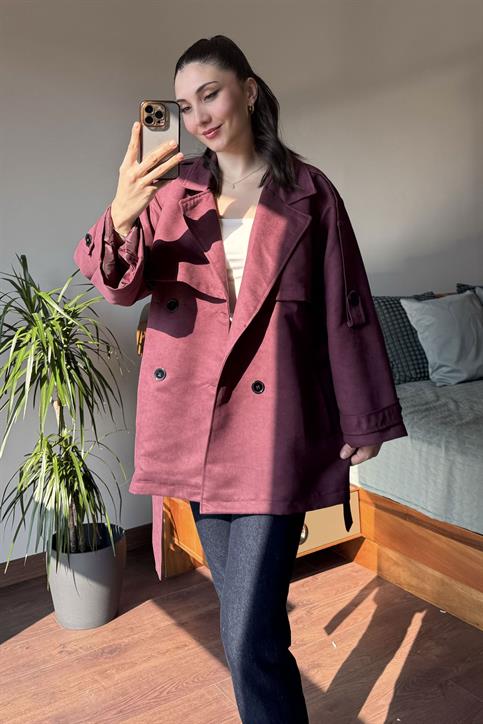 Bordo Rüzgarlık Detaylı Oversize Süet Trençkot