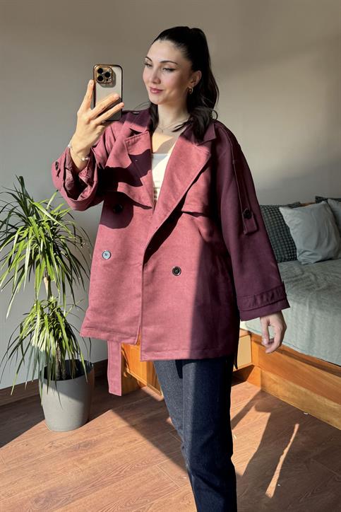 Bordo Rüzgarlık Detaylı Oversize Süet Trençkot