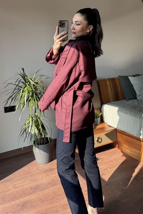 Bordo Rüzgarlık Detaylı Oversize Süet Trençkot