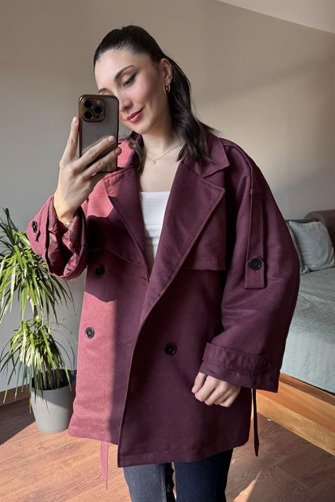 Bordo Rüzgarlık Detaylı Oversize Süet Trençkot
