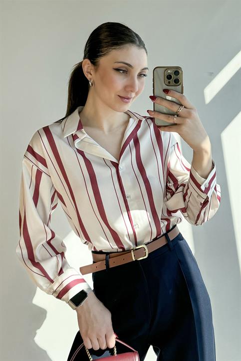 Bordo Sedef Düğmeli Oversize Çizgili Gömlek
