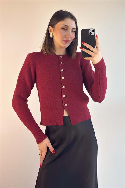 Bordo Taş Düğmeli Soft Hırka