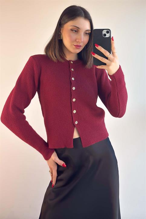 Bordo Taş Düğmeli Soft Hırka