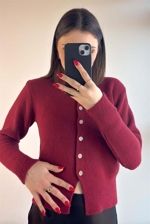 Bordo Taş Düğmeli Soft Hırka