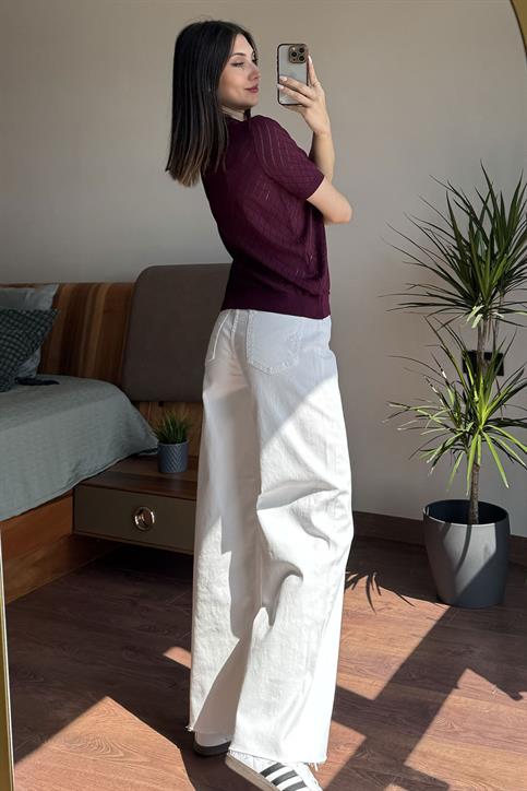 Bordo Taşlı Ajurlu Triko Bluz