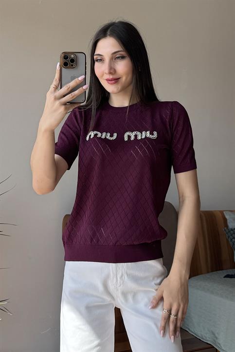 Bordo Taşlı Ajurlu Triko Bluz