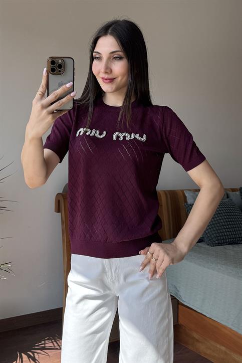 Bordo Taşlı Ajurlu Triko Bluz