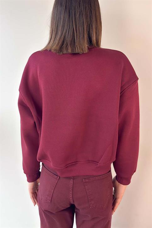 Bordo Teddy Nakışlı Crop Sweatshirt