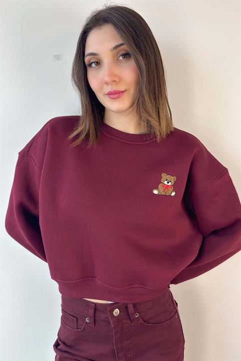 Bordo Teddy Nakışlı Crop Sweatshirt