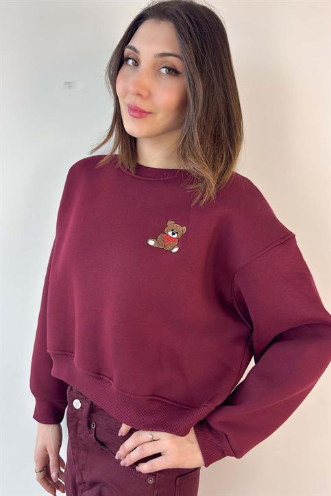 Bordo Teddy Nakışlı Crop Sweatshirt
