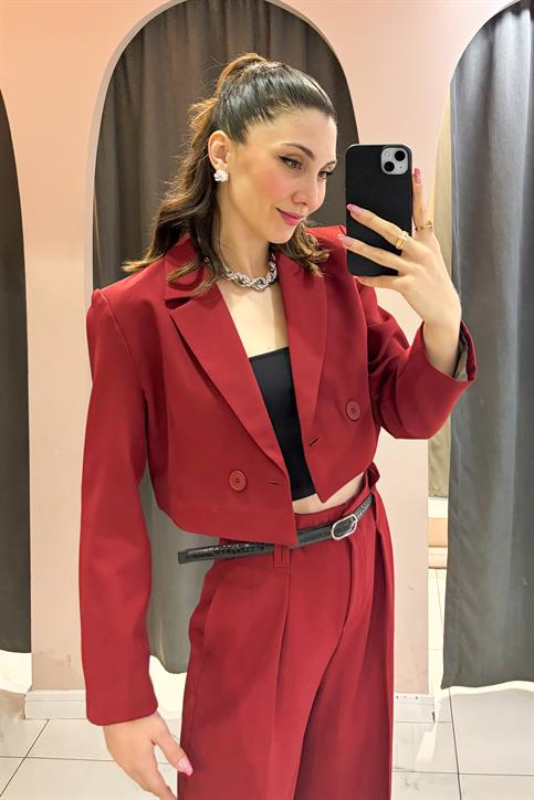 Bordo Tek Düğmeli Crop Ceket