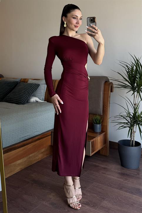 Bordo Tek Kol Tokalı Bel Dekolte Detaylı Elbise