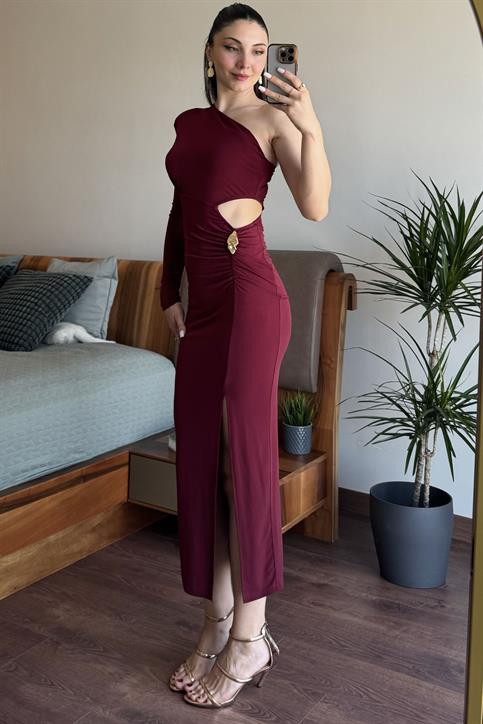 Bordo Tek Kol Tokalı Bel Dekolte Detaylı Elbise