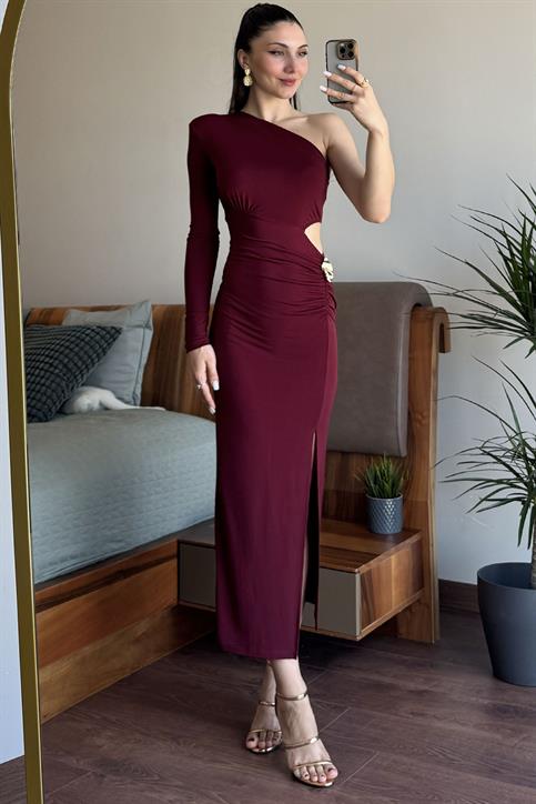Bordo Tek Kol Tokalı Bel Dekolte Detaylı Elbise