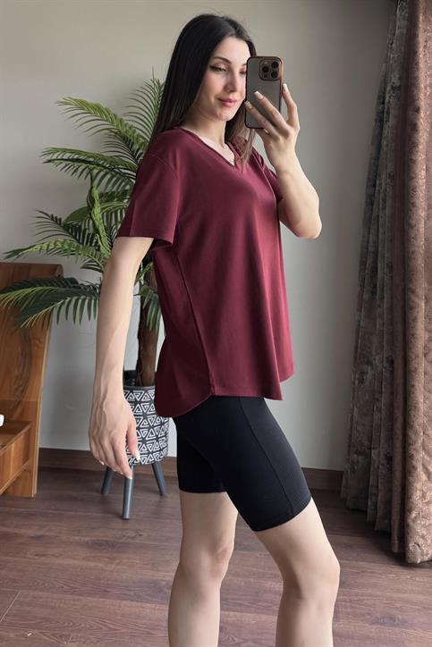 Bordo V Yaka Basic T Shirt