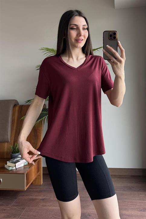 Bordo V Yaka Basic T Shirt