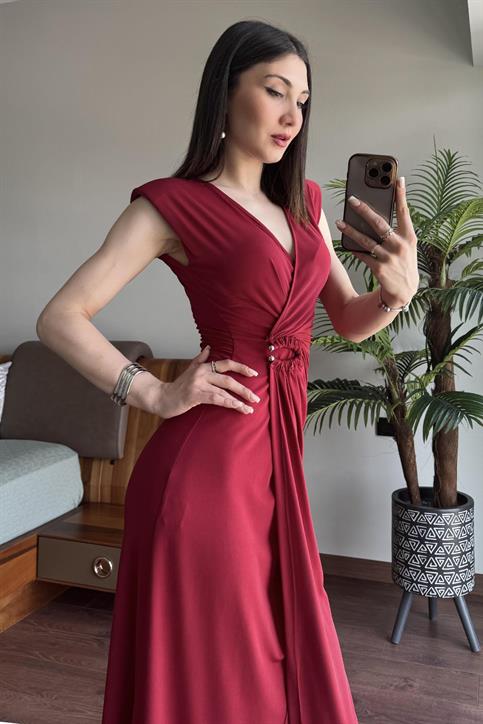 Bordo V Yaka Toka Detaylı Elbise