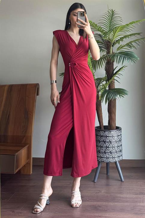 Bordo V Yaka Toka Detaylı Elbise