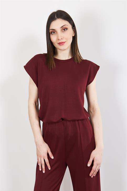Bordo Vatka Görünümlü Pantolonlu Takım