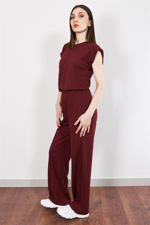 Bordo Vatka Görünümlü Pantolonlu Takım