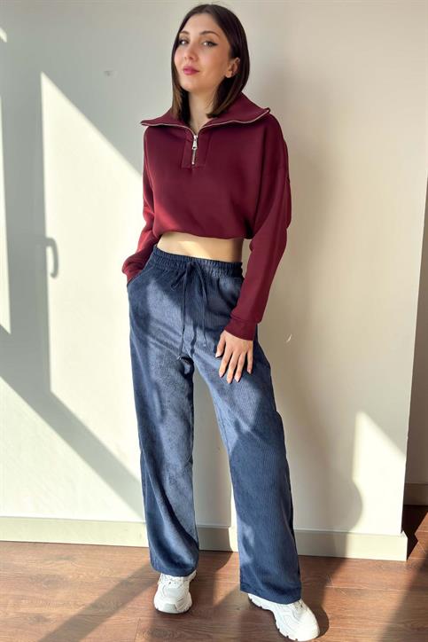 Bordo Yaka Detaylı Crop Sweatshirt