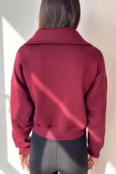 Bordo Yaka Detaylı Crop Sweatshirt