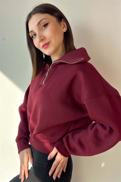 Bordo Yaka Detaylı Crop Sweatshirt