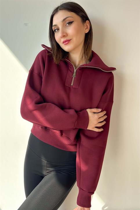 Bordo Yaka Detaylı Crop Sweatshirt